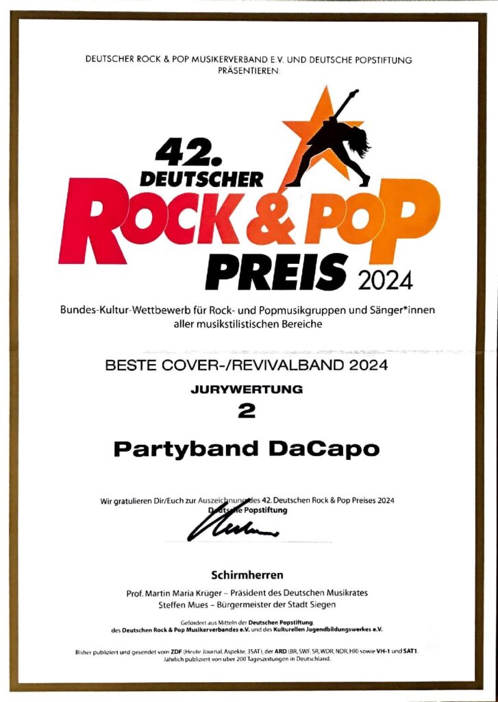 Rock und Pop Preis Urkunde beste Coverband für Dacapo