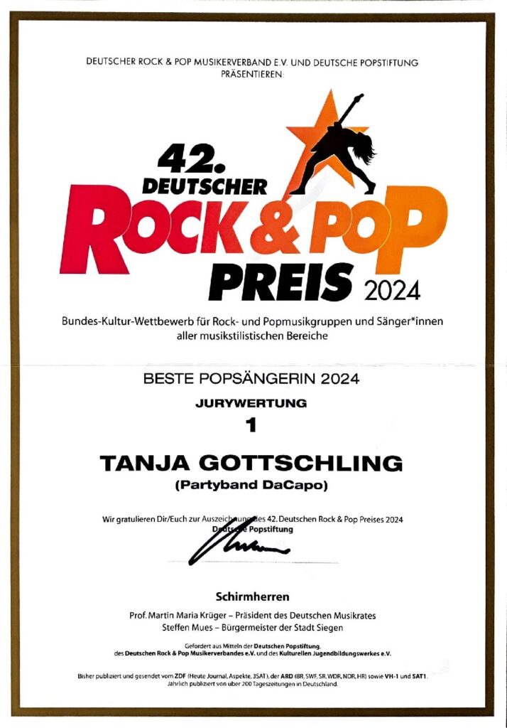 Rock und Pop Preis Urkunde 1 Platz Tanja Sängerin