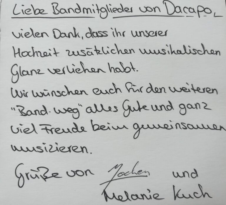 Dankeskarte von Brautpaar an Dacapo